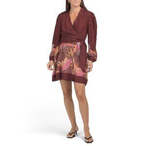 CELINA MOON Rosewood Long Sleeve Safari Print Mini Wrap Dress